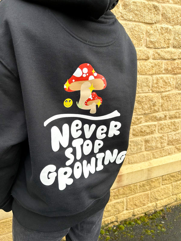 Never Stop Growing puff print mushroomcore logo