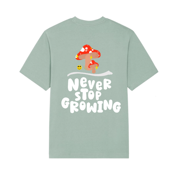 Positivity Tee in Aloe with Never Stop Growing Slogan