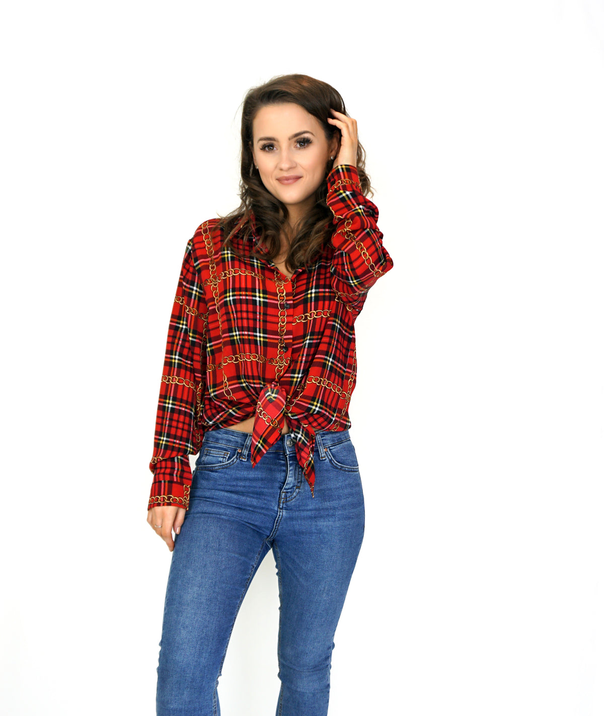 Styled Clothing Red Chain Checked Print Blouse