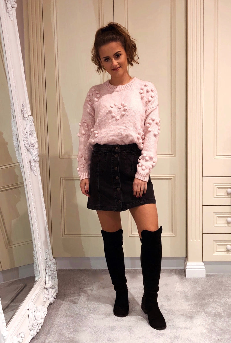 Styled Clothing Pale Pink Heart Pom Pom Jumper