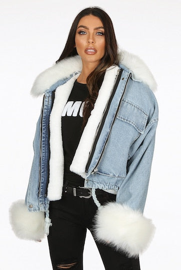 Styled Clothing Denim Oversized Jacket with Faux Fur