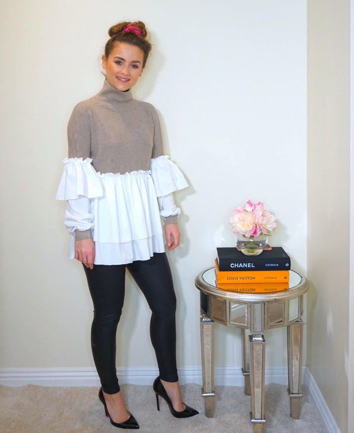 Styled Clothing Beige Jumper with White Ruffle Blouse