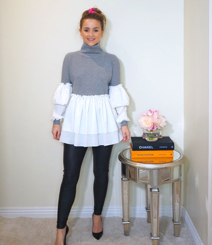 Styled Clothing Grey Jumper with Ruffle Blouse