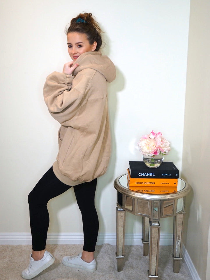 Oversized Hoodie with Ruched Sleeves in Beige