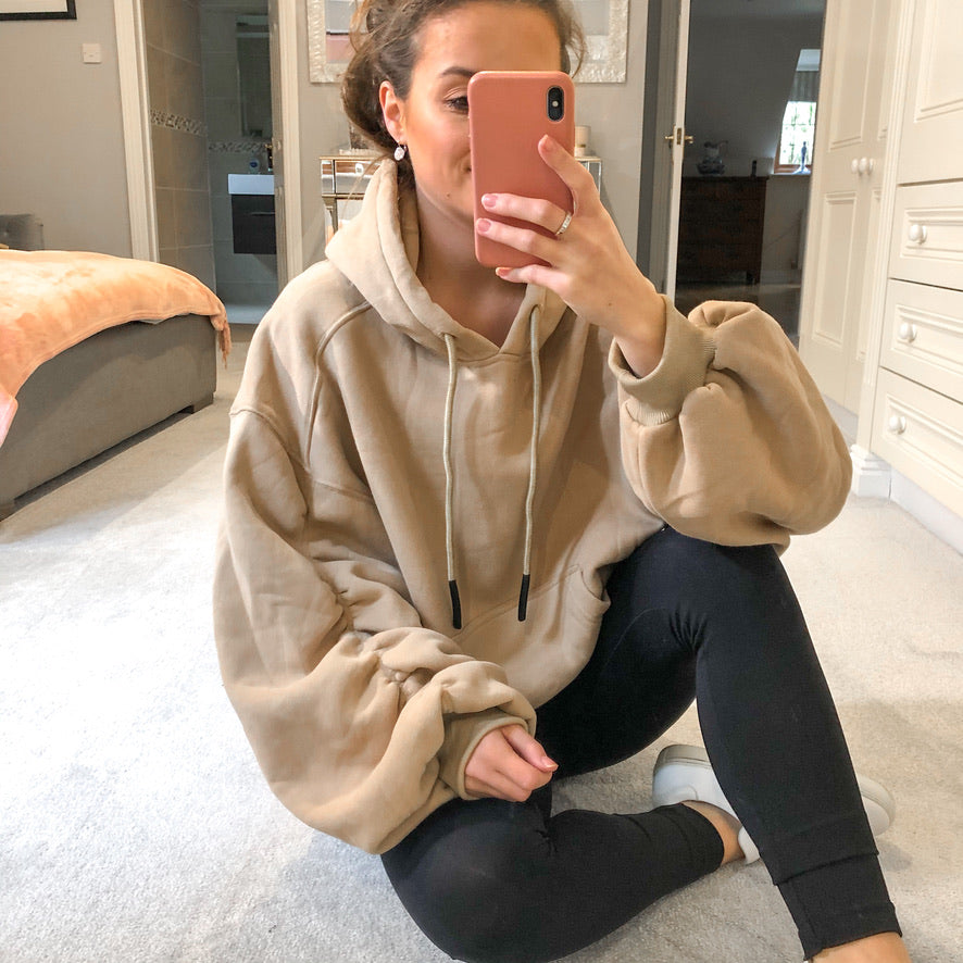 Oversized Hoodie with Ruched Sleeves in Beige