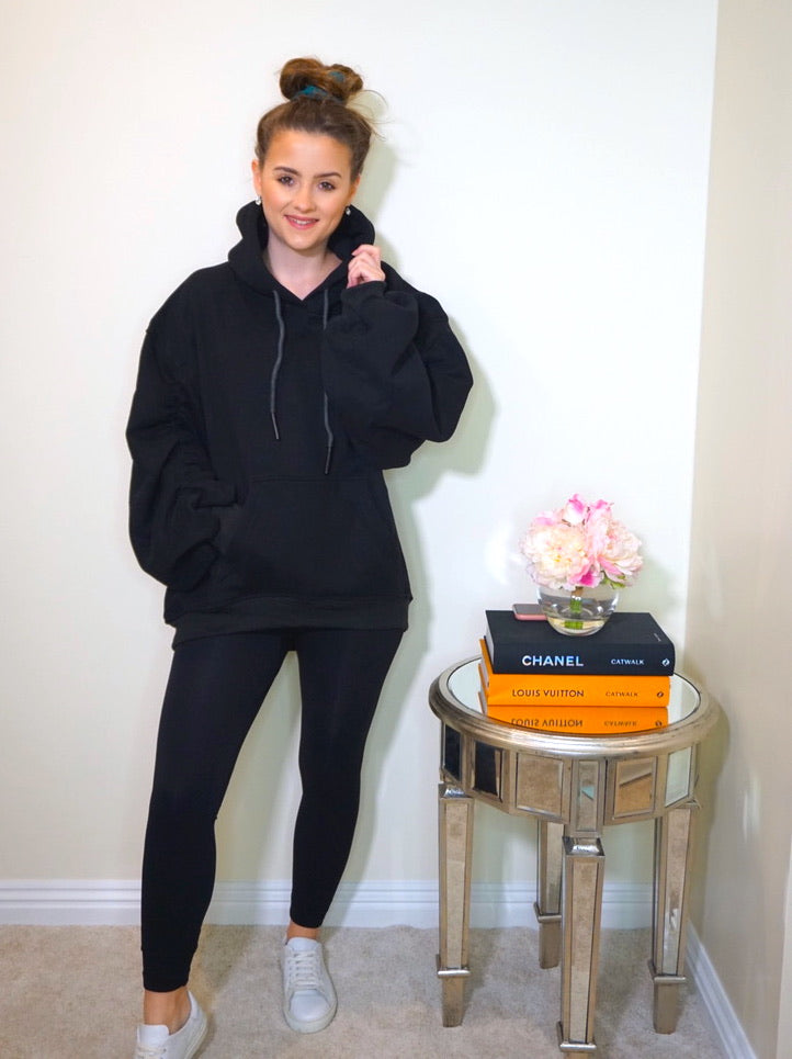 Oversized Hoodie with Ruched Sleeves in Black