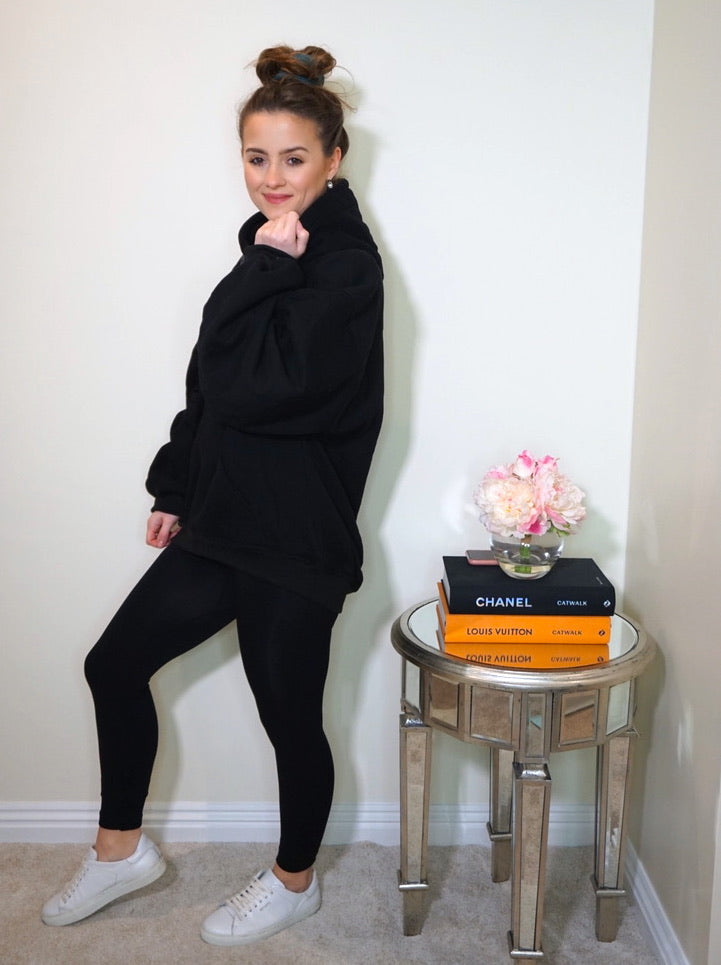 Oversized Hoodie with Ruched Sleeves in Black