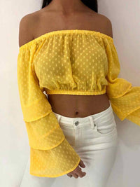 yellow bardot off the shoulder textured top summer style