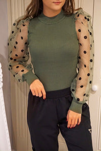 Styled Clothing khaki polka dot organza sleeve ribbed jumper