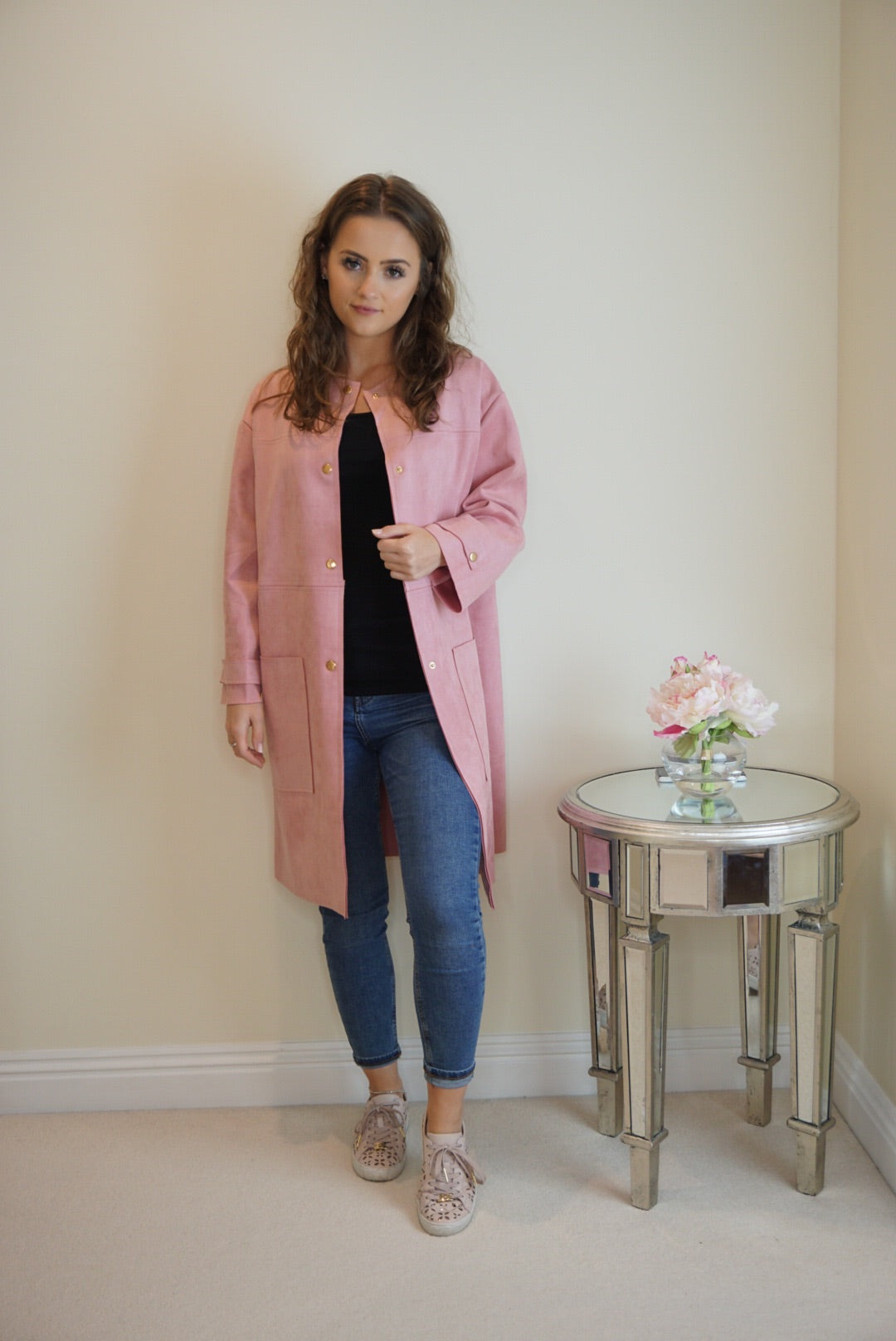 Styled Clothing Faux Suede Longline Jacket Pink with gold buttons