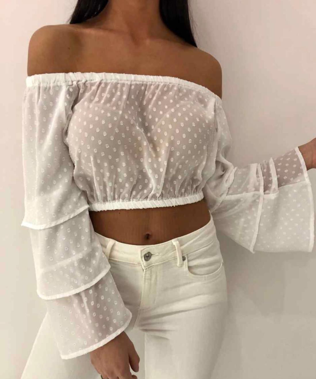 white bardot crop with honeycomb effect