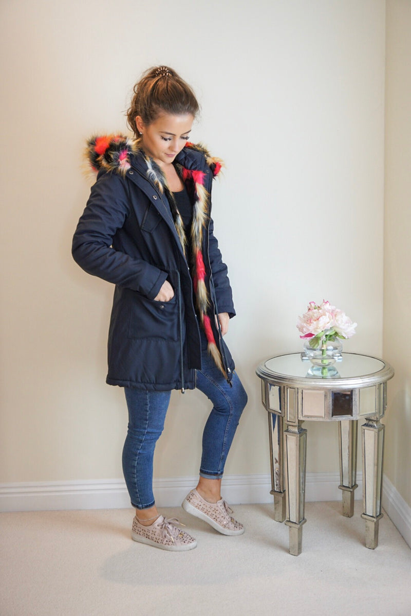 Styled Clothing Navy Blue Parka Coat with Multi coloured fur
