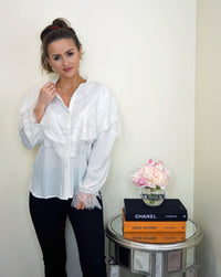 Styled Clothing White Lace Trim Blouse Button Up