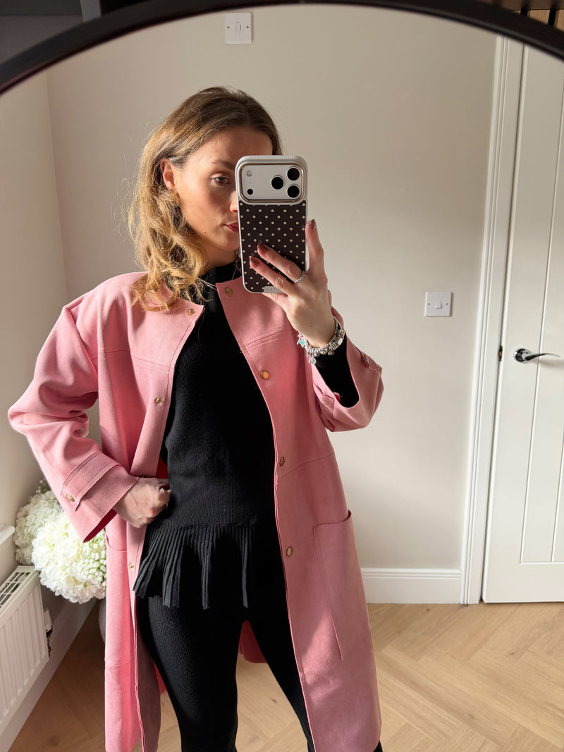 Faux Suede Coat with Round Neck in Pink