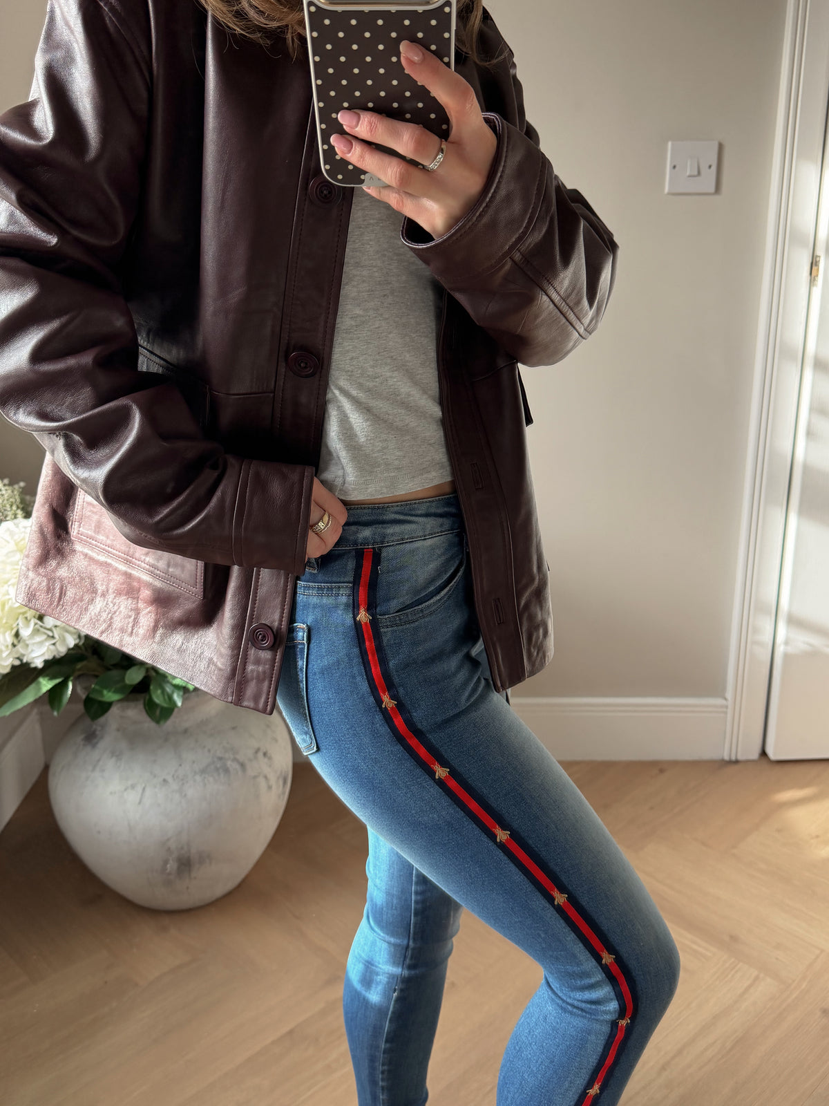 Skinny Jeans with Red Stripe Bee Design in Blue