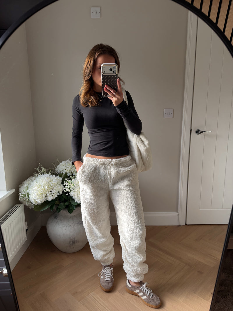 Cream high waisted teddy joggers.