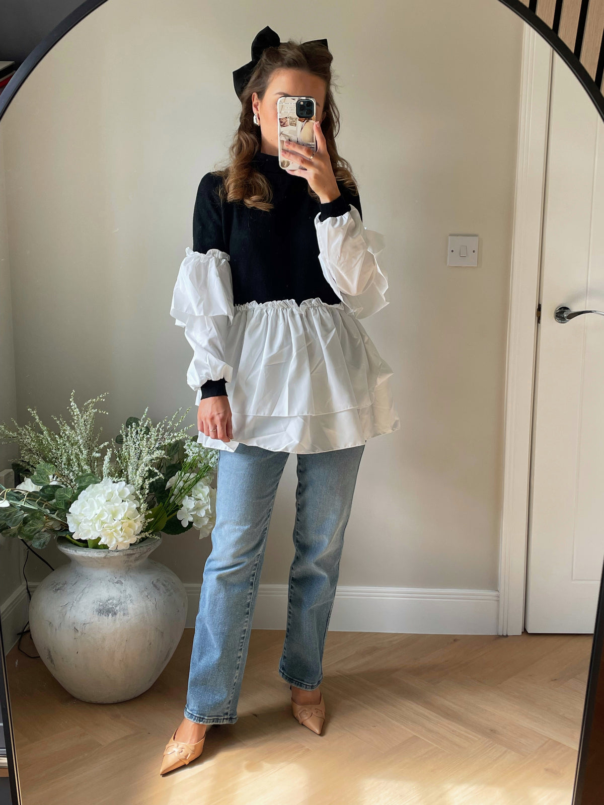 Roll Neck Jumper with Ruffle Blouse in Black