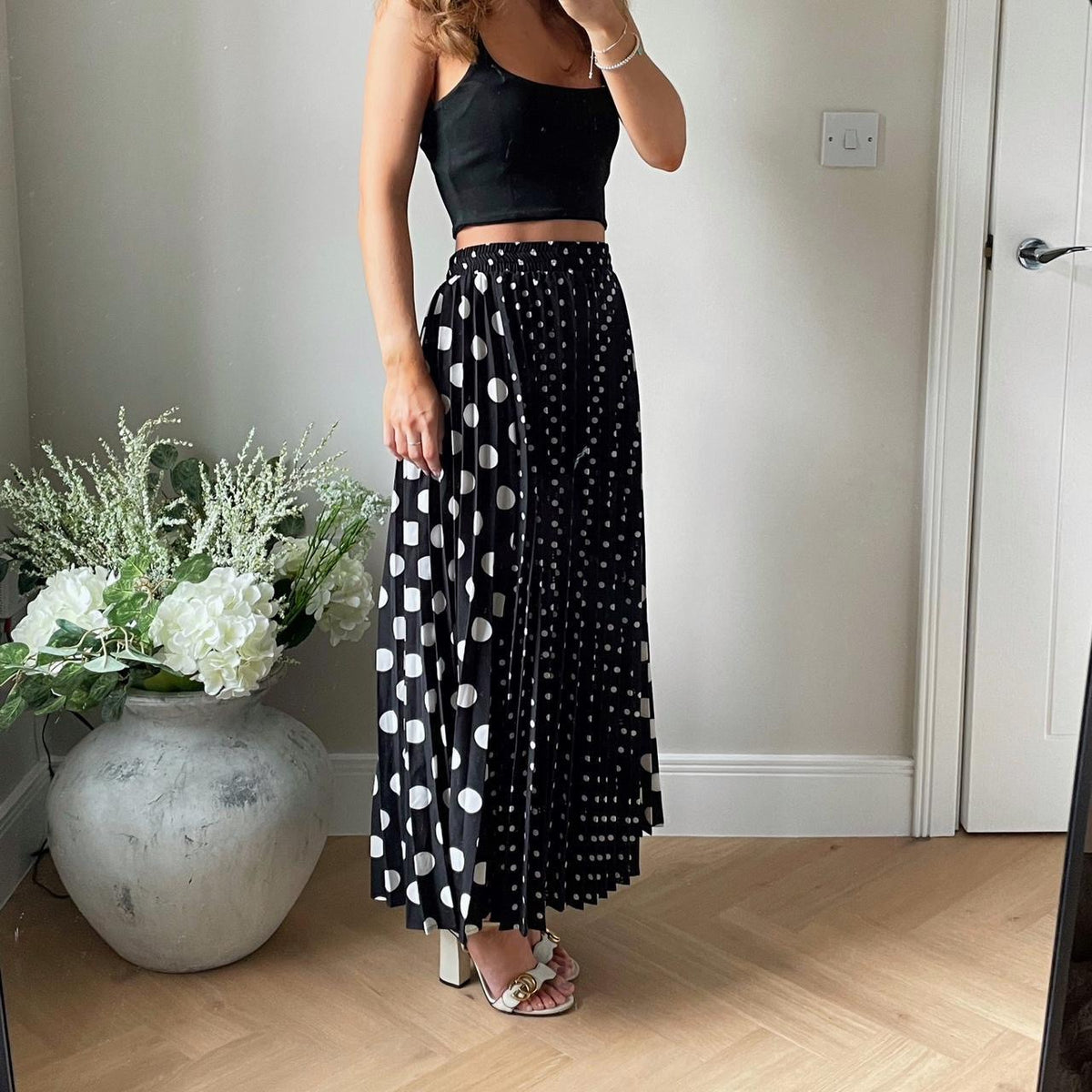 Polka Dot Pleated Midi Skirt in Black