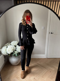 Ribbed Loungeset with Gold Buttons and Frill Hem in Black