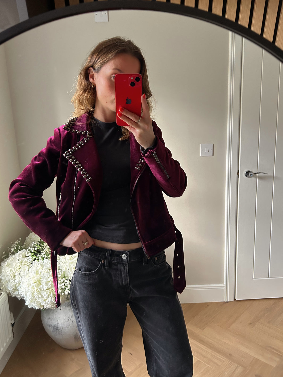 Wine red velvet biker jacket with belt.