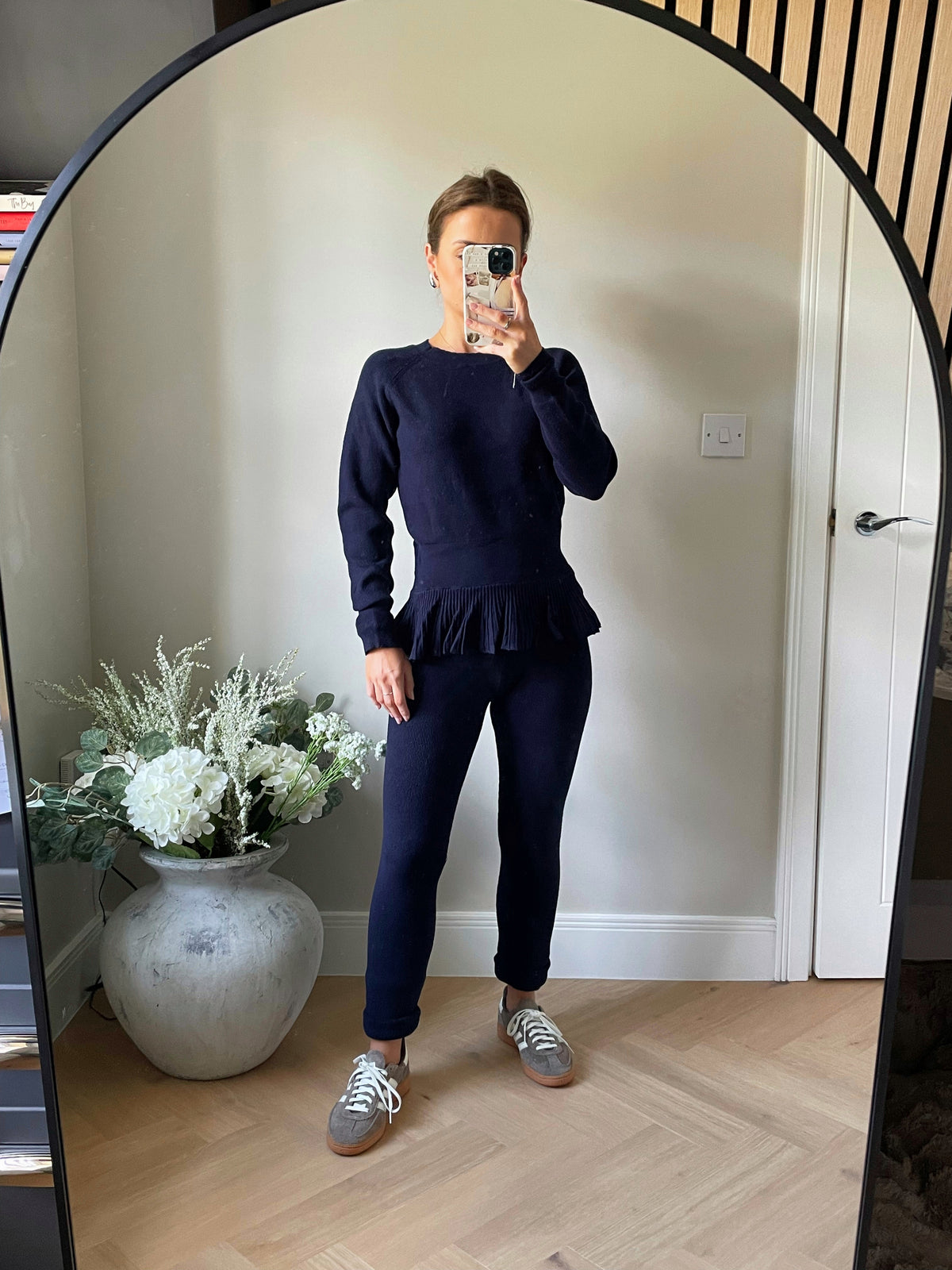 Fine Knit Lounge Set with Ruffle Hem in Navy