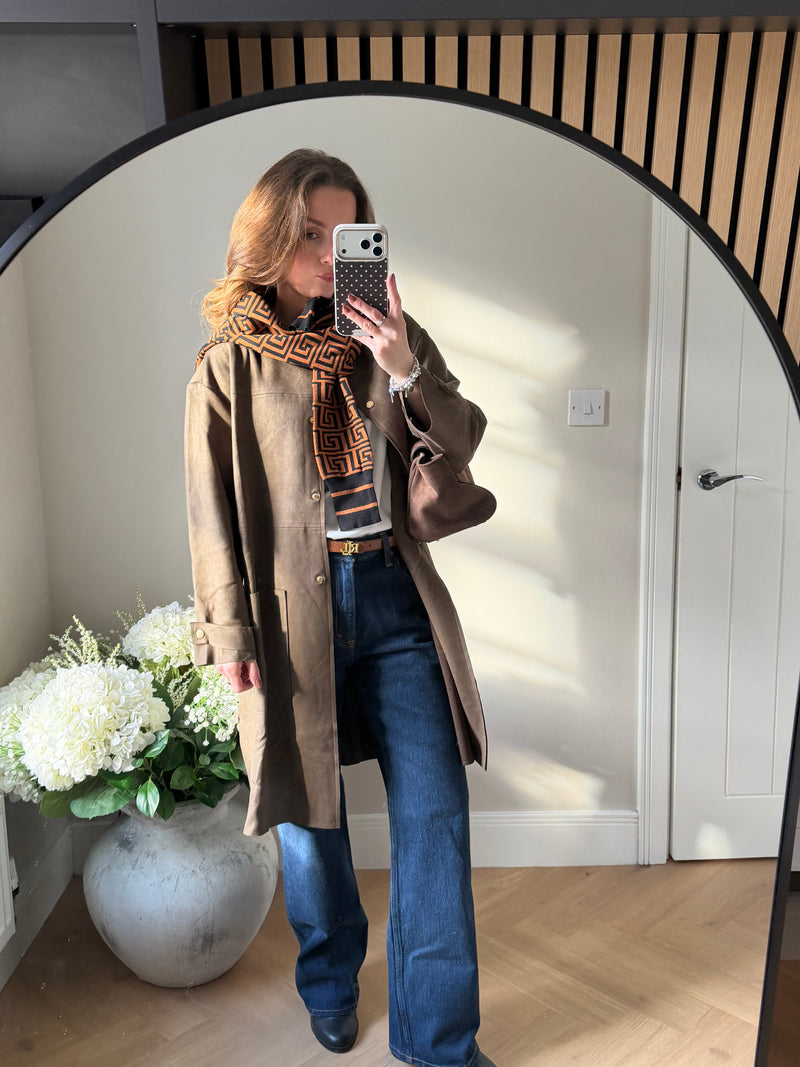 Faux Suede Coat with Round Neck in Khaki