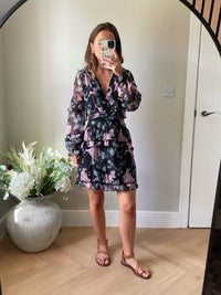 Floral Lace Back Chiffon Dress in Black