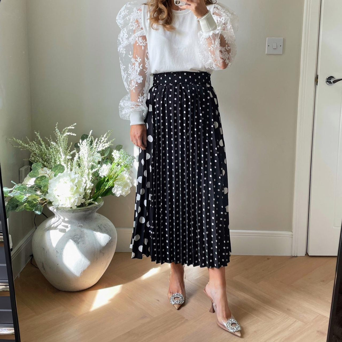 Polka Dot Pleated Midi Skirt in Black