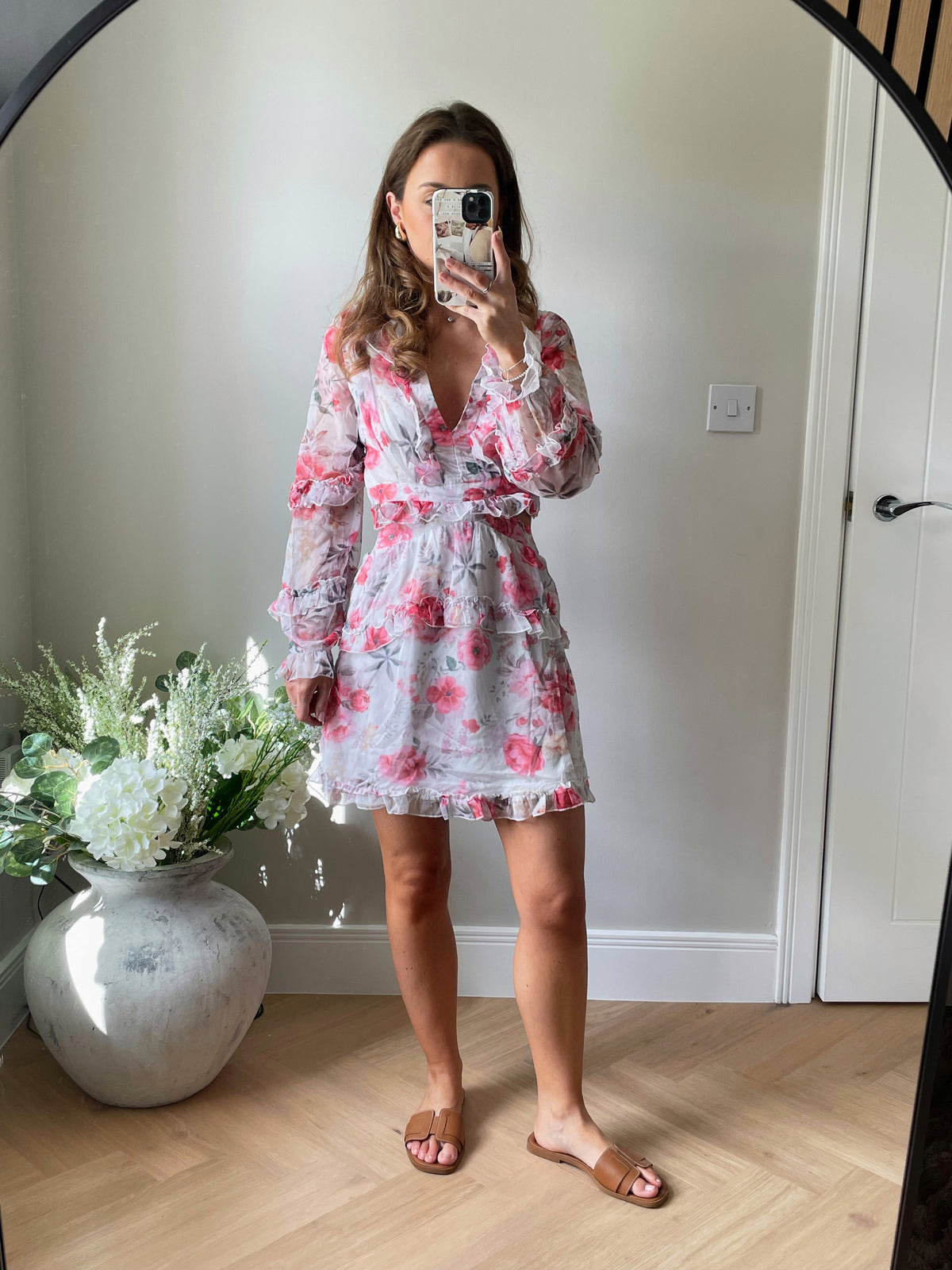 Floral Lace Back Chiffon Dress in White
