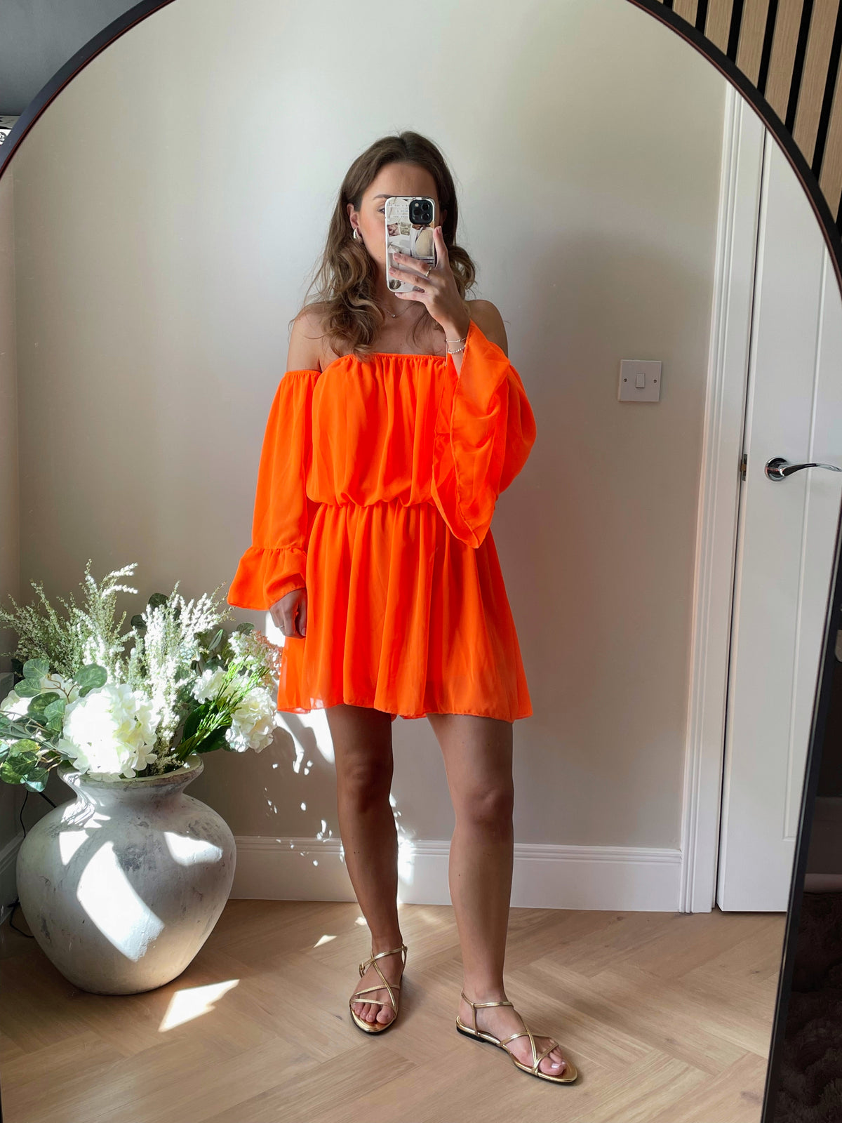 Bardot Playsuit with Elasticated Waist in Coral