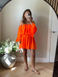 Bardot Playsuit with Elasticated Waist in Coral