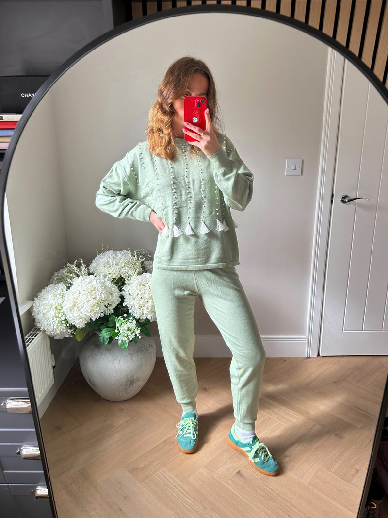 Women's loungeset, matching jumper and leggings featuring white pearl and tassel detailing.