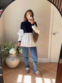 Roll Neck Jumper with Ruffle Blouse in Navy