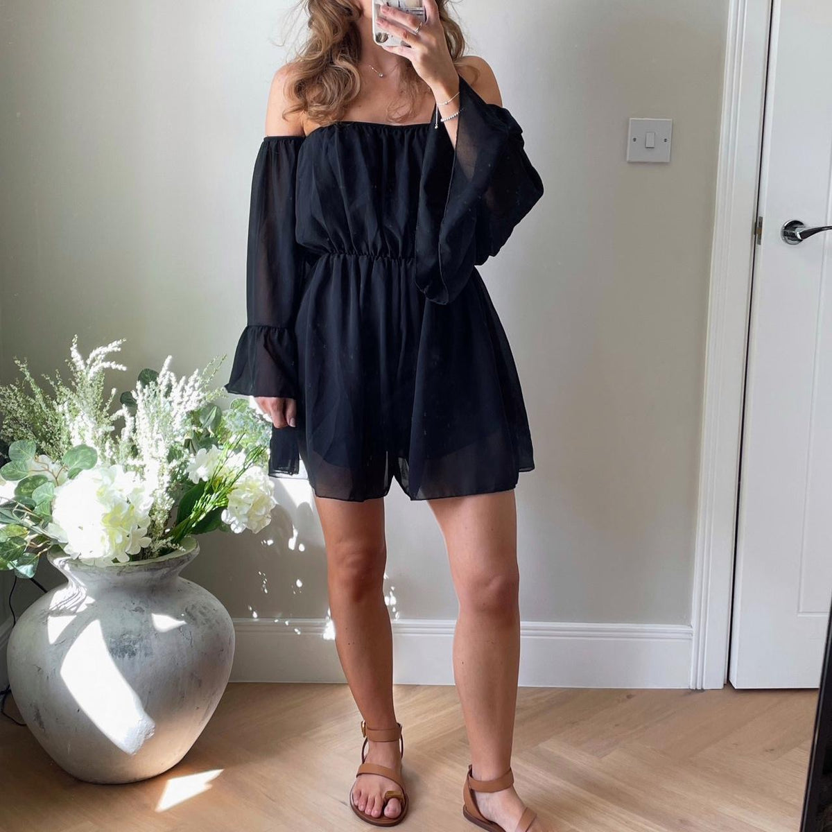 Bardot Playsuit with Elasticated Waist in Black