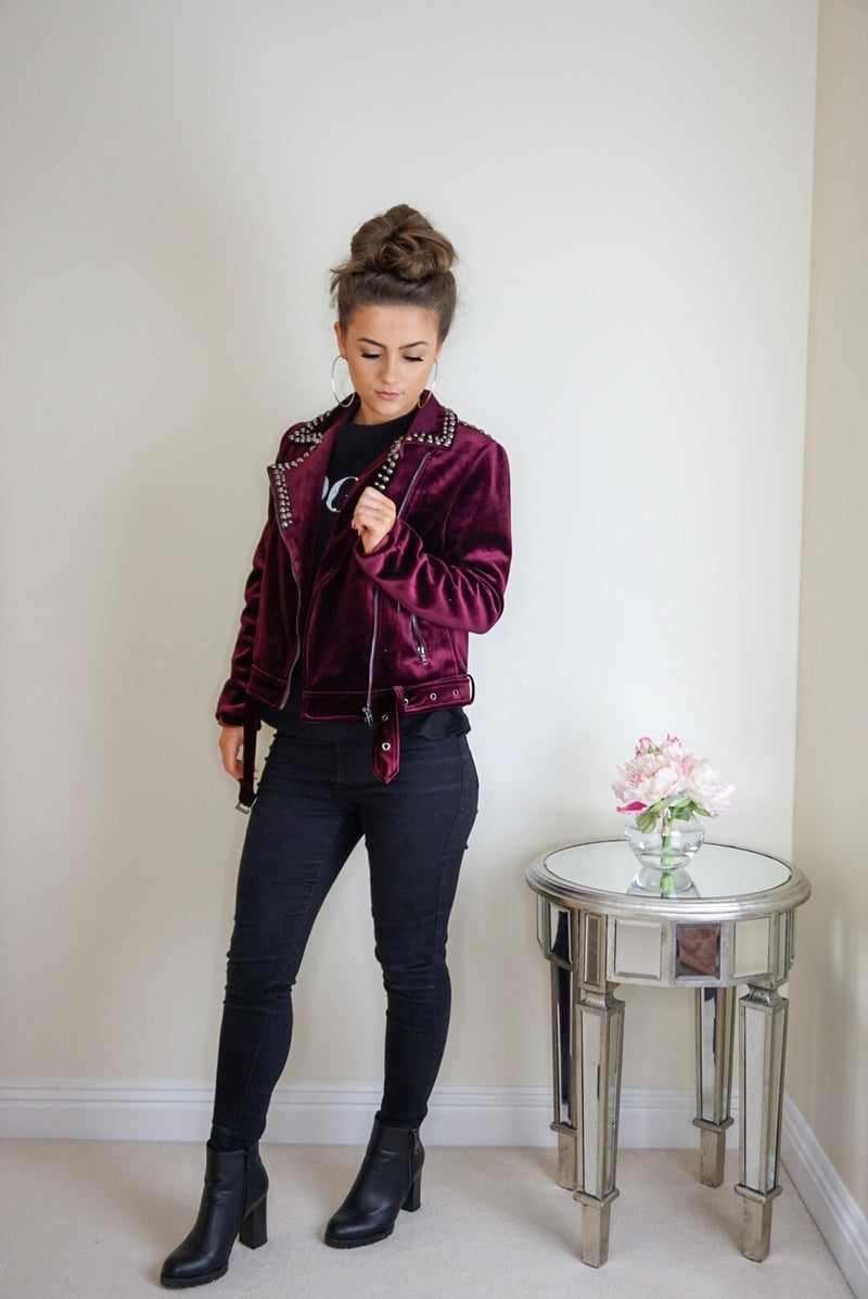 Styled Clothing Velvet Red jacket with Black Studs