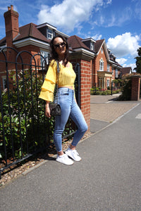 yellow bardot off the shoulder layered top