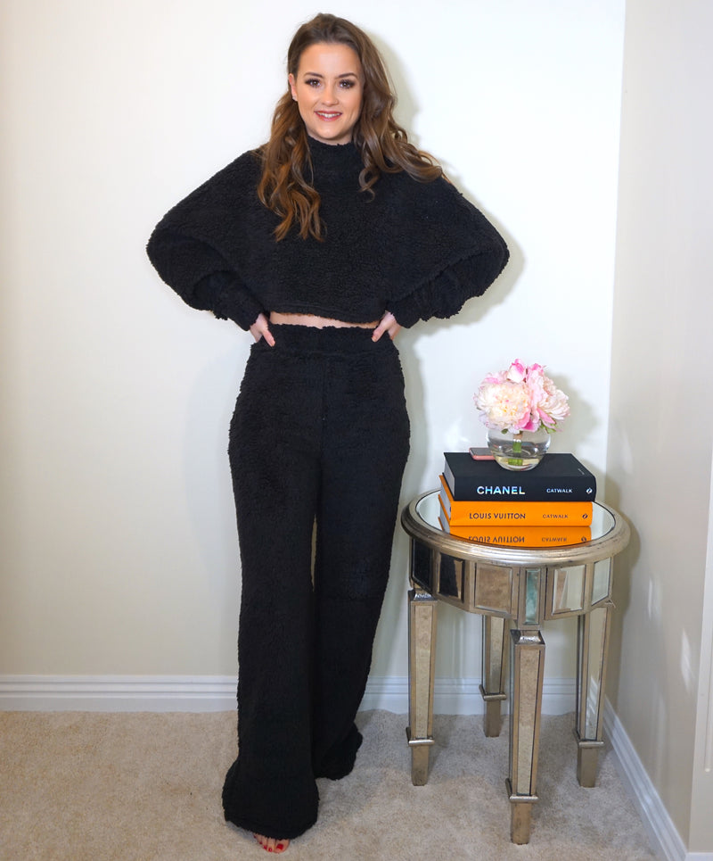 High neck fluffy crop jumper with high waisted wide leg trousers