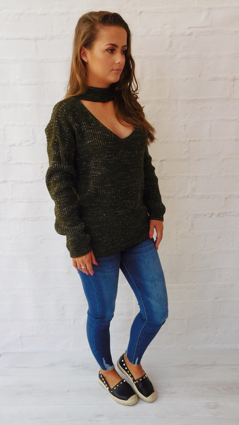Styled Clothing Khaki choker knitted jumper