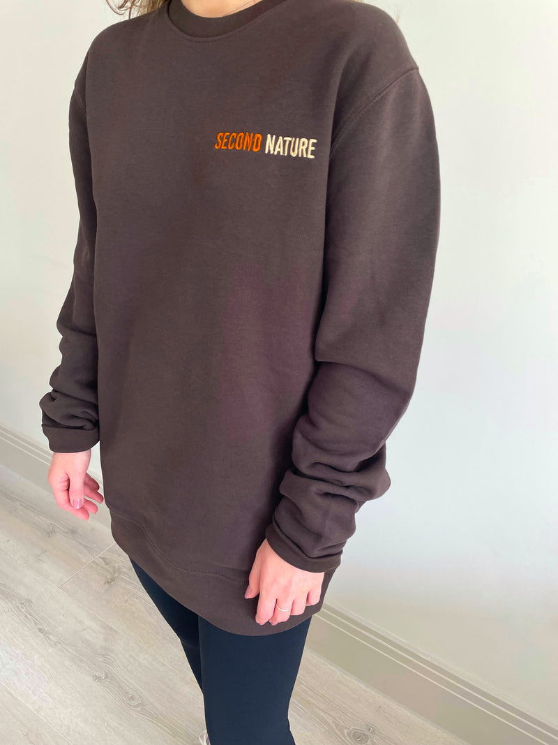 Second Nature Dark chocolate brown crew neck sweatshirt with embroidered logo