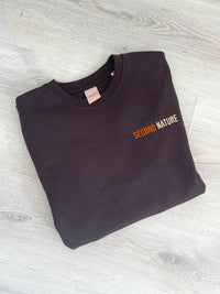 Second Nature quality leisurewear sweatshirt in dark brown with crew neck and embroidered logo. Recycled cotton and recycled polyester.