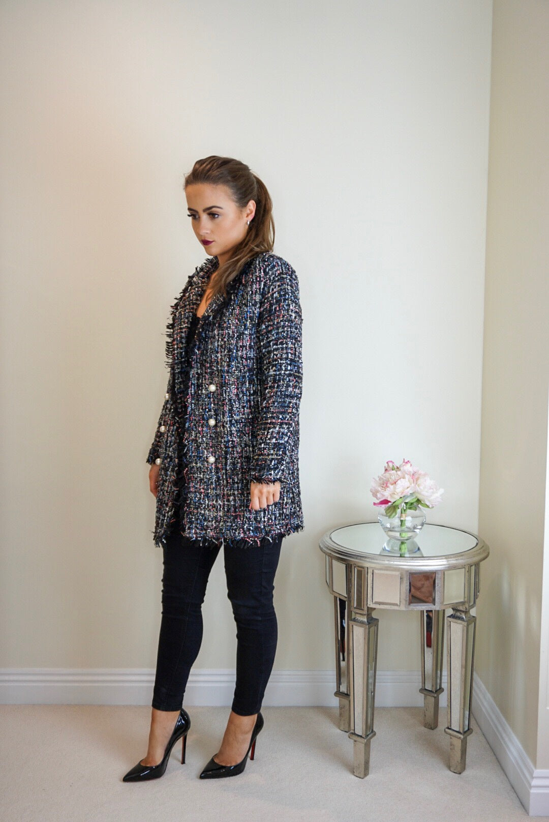Styled Clothing Pearl Tweed Frayed Hem Jacket