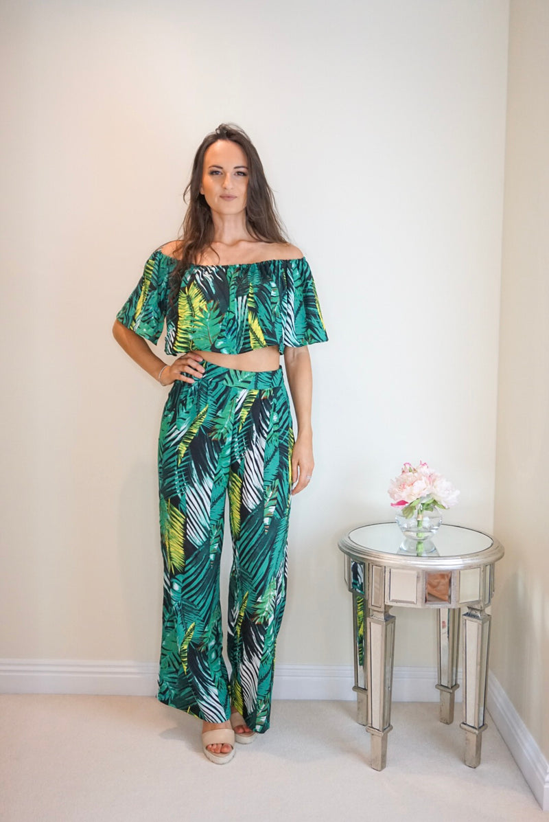 Styled Clothing Green Palm Print Trouser Set