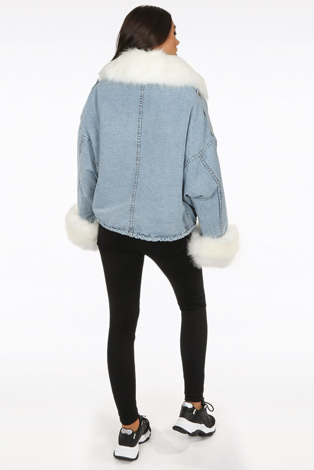 Styled Clothing Oversized Denim Jacket with White Faux Fur Back View
