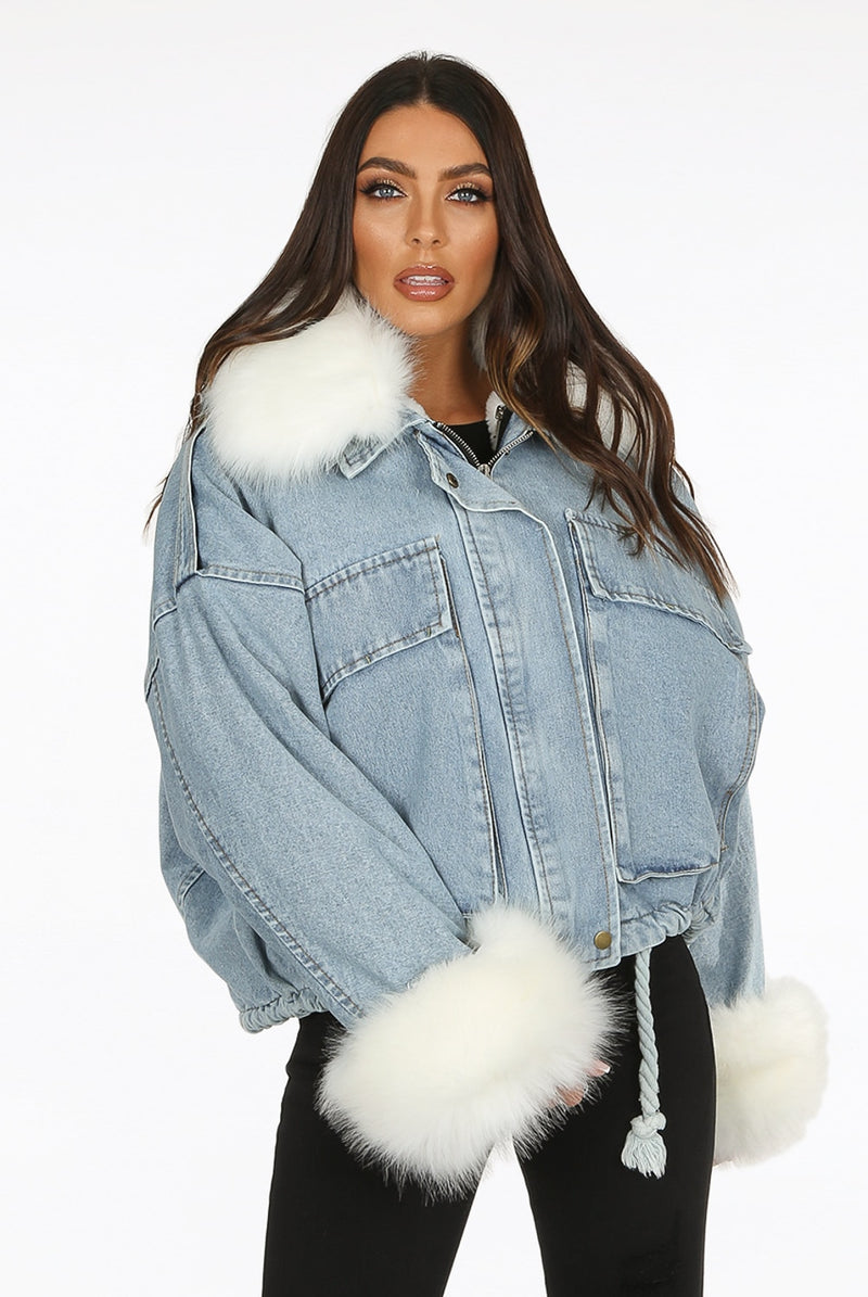 Styled Clothing Oversized Blue Denim Jacket with White Faux Fur