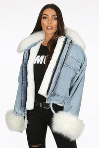 Styled Clothing Oversized Blue Denim Jacket with Removable White Faux Fur
