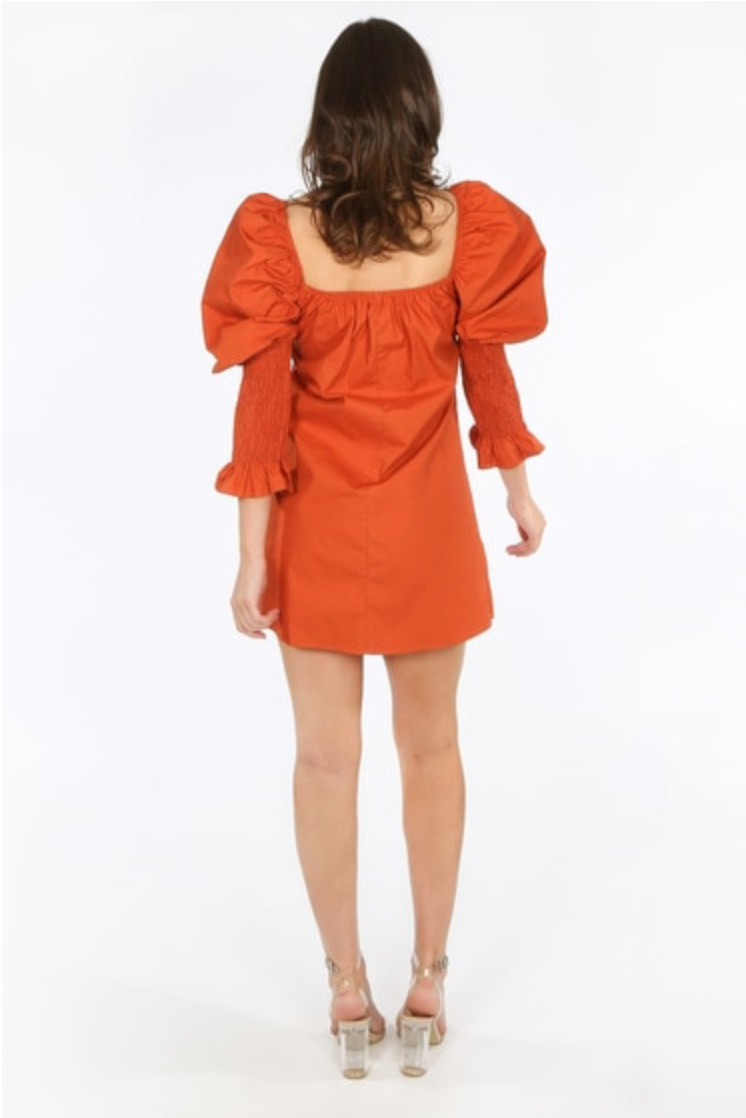 Styled Clothing Rust Puff Shoulder Summer Dress Back View