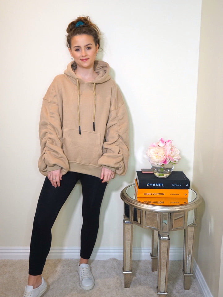 Oversized Hoodie with Ruched Sleeves in Beige