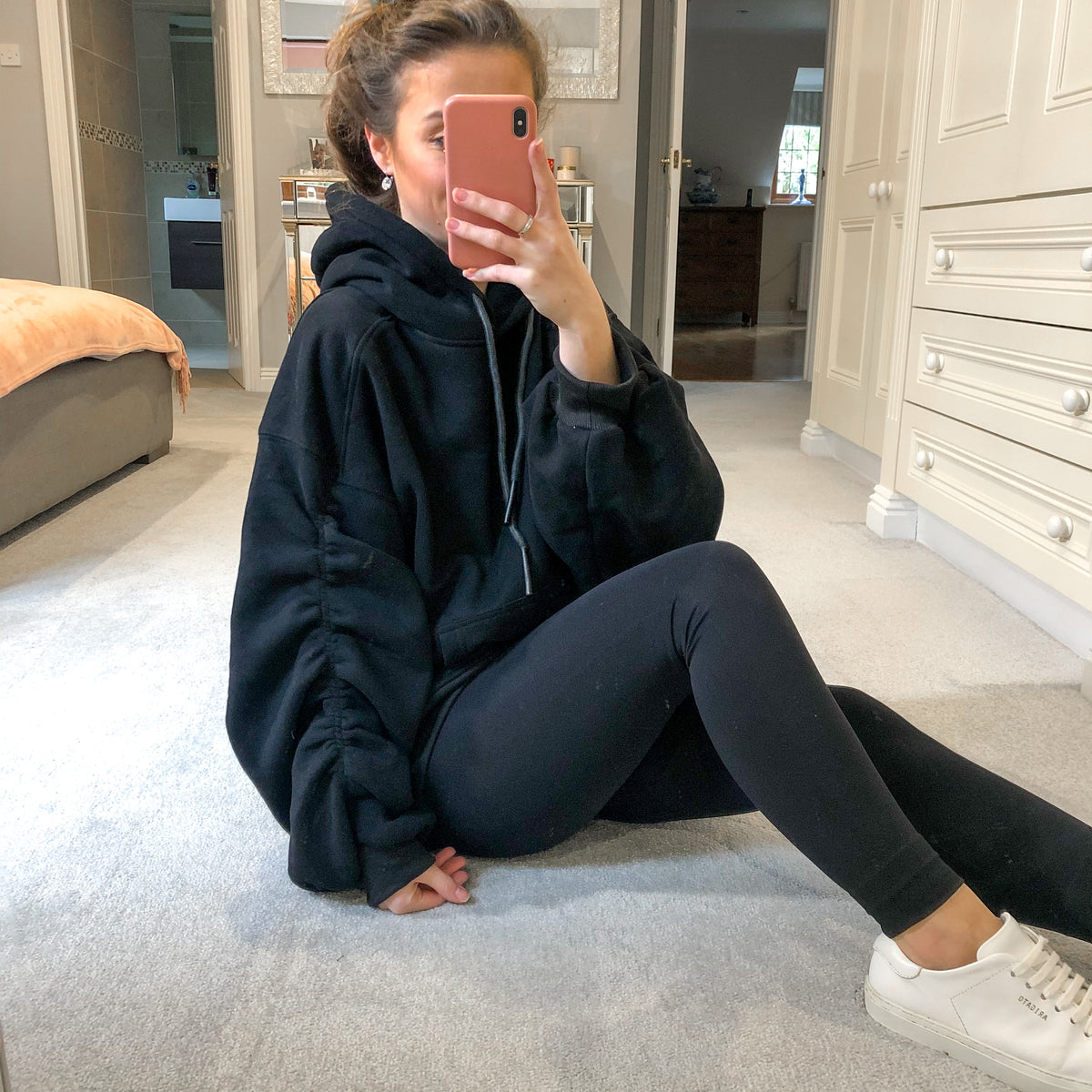 Oversized Hoodie with Ruched Sleeves in Black