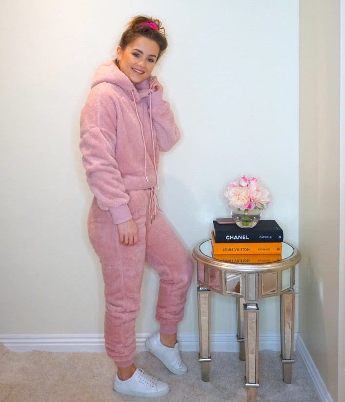Teddy Jogger Set Pink with Hoodie