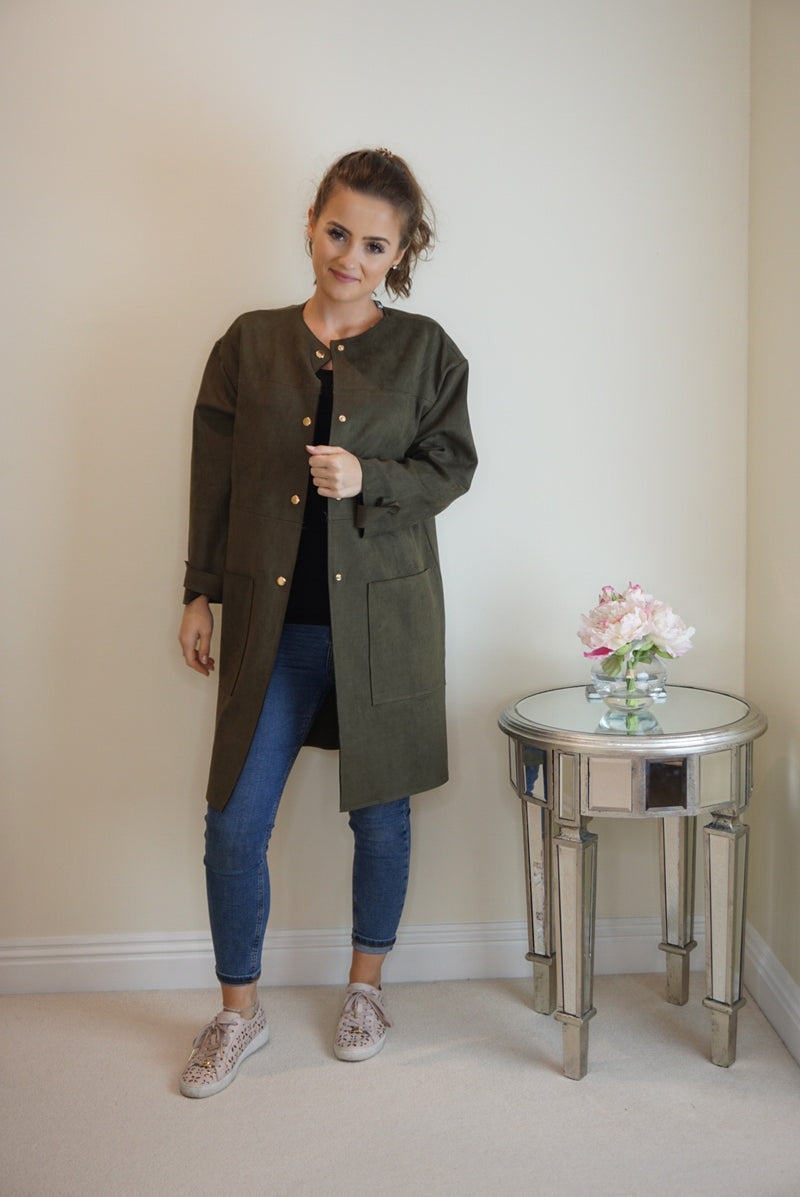 Styled Clothing Faux Suede Longline Jacket Khaki